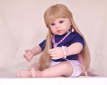 Reborn Baby Doll, Cute Doll with Blond Hair, 23 inches, 58cms, Soft Vinyl Cloth Body, Lifelike Realistic Toddler Girl Doll, Ready To Ship