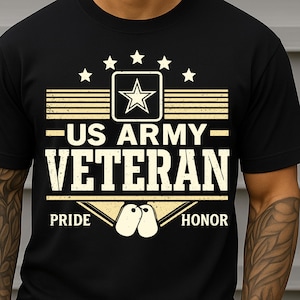 May include: Black t-shirt with a US Army Veteran design. The design includes a star within a square, stars, horizontal lines, and the words "US ARMY VETERAN", "PRIDE", and "HONOR". Two dog tags are also featured.