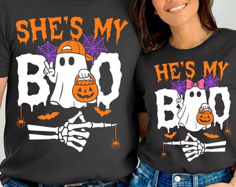 Cute Matching Couple Halloween Ghost SVG PNG Bundle | She's My Boo He's My Boo Shirt Design | Funny Spooky Halloween Couple Costume