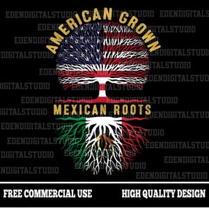 Peut inclure: Un graphisme représentant un arbre avec des racines et une couronne. La couronne est le drapeau américain avec le texte "AMERICAN GROWN" en or. Les racines sont le drapeau mexicain avec le texte "MEXICAN ROOTS" en or. Le fond est noir.