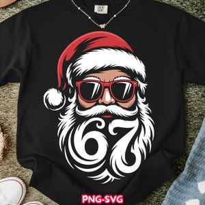 May include: Black sweatshirt featuring a graphic of Santa Claus wearing red sunglasses and a red hat. Santa has a white beard and the number 67 in white. The text "PNG-SVG" is at the bottom.