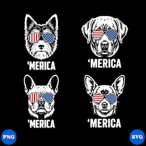 Peut inclure: Un design graphique en noir et blanc représentant quatre têtes de chiens portant des lunettes de soleil aux motifs du drapeau américain. Chaque chien est placé au-dessus du texte 'MERICA en lettres capitales blanches. Les chiens incluent un terrier, un retriever, un bouledogue et un chihuahua.