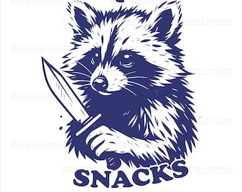 Divertente procione PNG. Ho bisogno di snack con design a coltello, carina clipart di animali per sublimazione, download digitale stampabile per magliette e tazze.