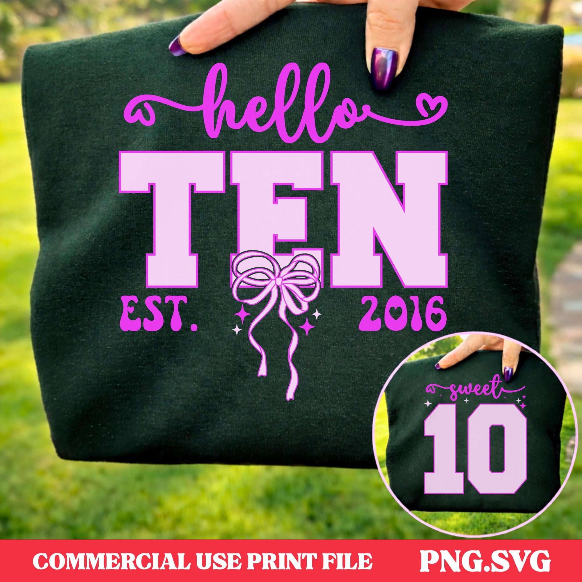Hello Ten Birthday Shirt SVG PNG, Sweet 10 Girl Birthday Design, Est ...