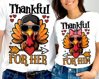 Lindo paquete de imágenes PNG a juego para parejas en Acción de Gracias, clipart de pavo agradecido para él y para ella, divertido diseño de sublimación otoñal para parejas.