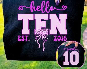 Hola, camiseta de cumpleaños número diez SVG PNG, diseño de cumpleaños para niña de 10 años, gráfico de cumpleaños Est. 2016, archivo de sublimación Cricut para el décimo cumpleaños