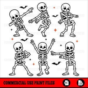May include: Black and white digital illustration of six dancing skeletons in various poses. Bats and stars are scattered around the skeletons. The phrase "COMMERCIAL USE PRINT FILES" is at the bottom.