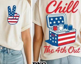 May include: Cream-colored t-shirt featuring a peace sign with a red, white, and blue American flag design. The back of the shirt displays a cooler with cans and the words "Chill The 4th Out" in red.