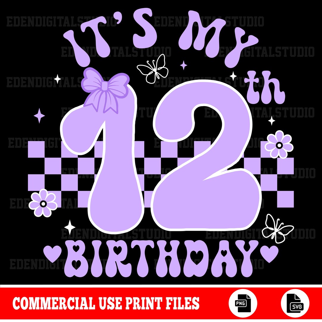 12th Birthday Girl SVG Retro Purple Graphic for Tween Party Shirt, It's ...