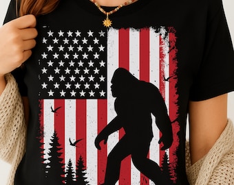Bigfoot Silhouette American Flag PNG, Sasquatch Patriotic USA Forest Graphic, 4th of July Bigfoot Sublimation Print Design
