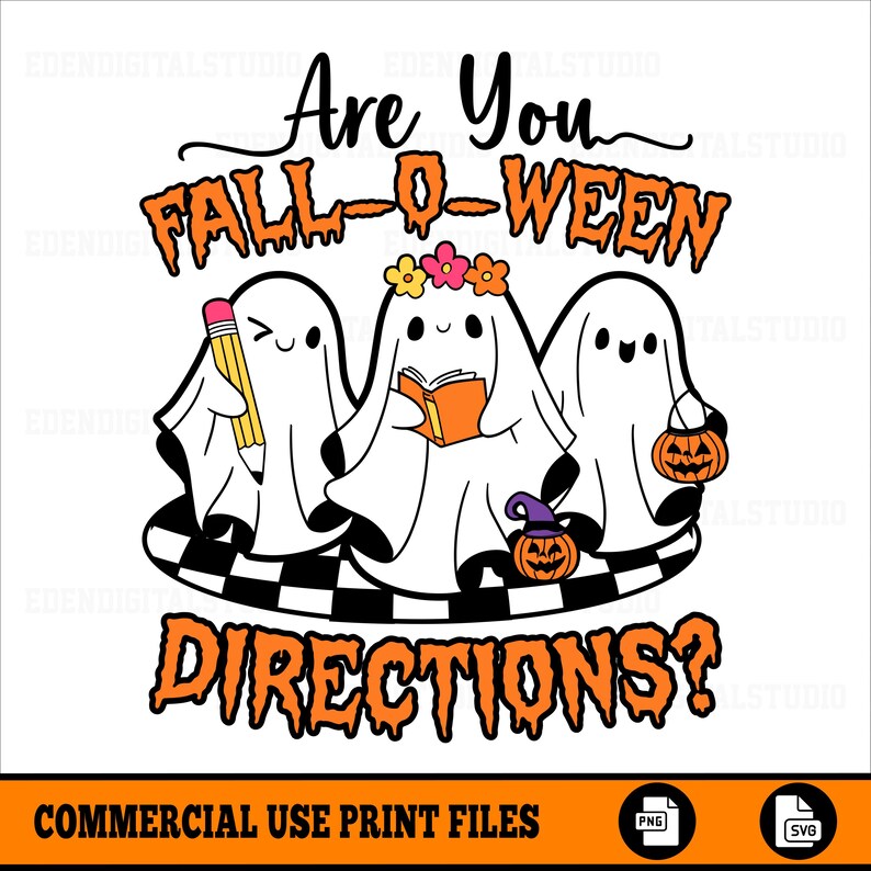 K&ouml;nnte beinhalten: Ein Halloween-Grafik mit drei Cartoon-Geistern. Einer h&auml;lt einen Bleistift, ein anderer liest ein Buch und der dritte tr&auml;gt einen K&uuml;rbis. Der Text lautet "Are You Fall-O-Ween Directions?" in Orange. Das Bild befindet sich auf wei&szlig;em Hintergrund.