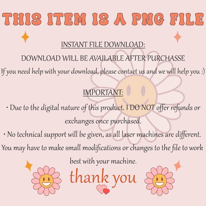 Pode incluir: Gr&aacute;fico cor de p&ecirc;ssego com o texto "THIS ITEM IS A PNG FILE". Texto adicional fornece instru&ccedil;&otilde;es de download e informa&ccedil;&otilde;es importantes sobre reembolsos e suporte t&eacute;cnico. A imagem inclui gr&aacute;ficos de margaridas e estrelas.