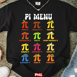 May include: Black crew neck t-shirt with a colorful "Pi Menu" graphic. The graphic features the pi symbol with various fruit illustrations, including apple, chocolate, mango, watermelon, kiwi, lemon meringue, banana, raspberry, coconut, blueberry, peach, and pumpkin.