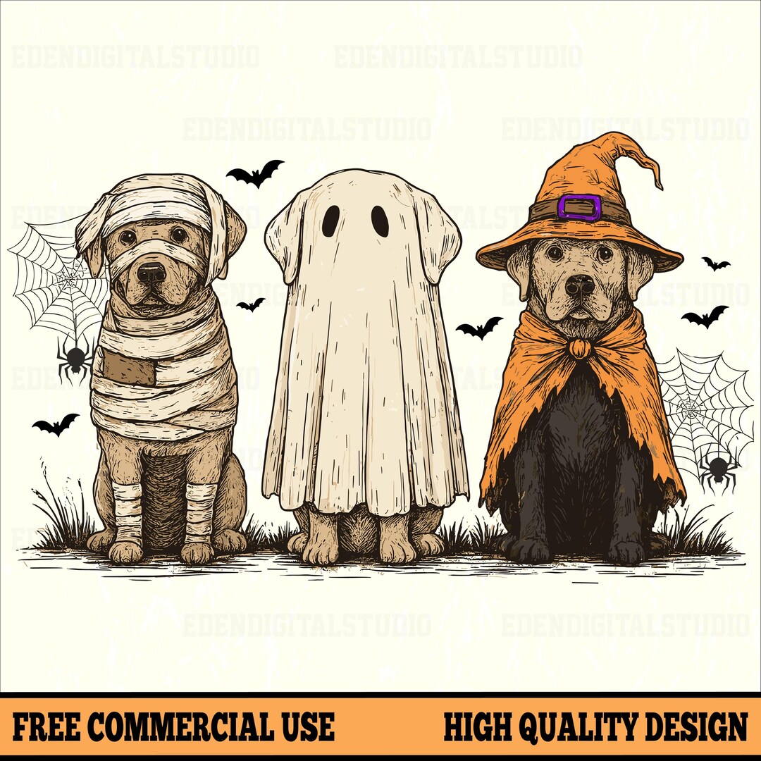 Cute Halloween Labrador Dog PNG With Mummy Ghost and Witch Costumes ...