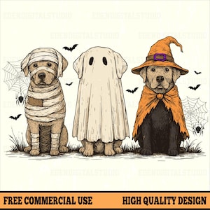 May include: A Halloween-themed illustration features three dogs in costumes. One is wrapped as a mummy, another is a ghost, and the third wears a witch's hat and cape. Bats, spiderwebs, and spiders complete the spooky scene.