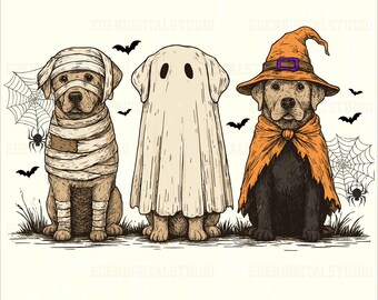 Cute Halloween Labrador Dog PNG with Mummy Ghost and Witch Costumes Spooky Puppy Illustration for Sublimation Stickers Crafts