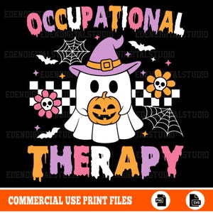 May include: A Halloween-themed graphic with the words "OCCUPATIONAL THERAPY" in orange, pink, and white. A ghost wearing a witch hat and holding a jack-o'-lantern is the central image. The design includes bats, spiderwebs, and flowers with skulls.