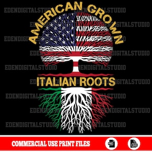 American Grown Italian Roots Tree Design with USA and Italy Flag Roots | Patriotic Heritage Family Roots SVG PNG File for Commercial Use