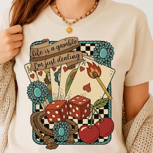 Life is a Gamble PNG Design, Retro Türkis Western Sublimation, Country PNG, Wild West Geschenke, Retro Cowboy Png, Würfelkarten Western SVG