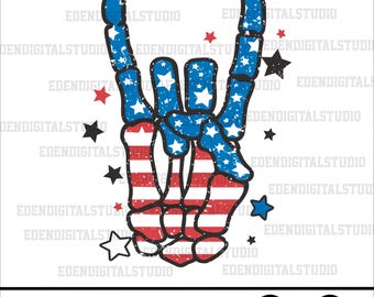 Retro Groovy Skeleton Patriotic rock Hand Sign Png, America Flag Png, 4th of July Png, Vintage Freedom rock hand Sublimation. Svg and Png