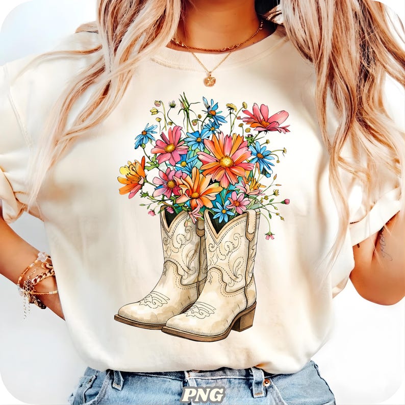 Spring Vibe Coquette PNG | Cute Floral Cowboy Boots | Spring Flowers PNG | Spring Time Shirt Design | Western Spring Shirt PNG image 3