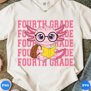May include: A cream-colored t-shirt featuring a graphic of a pink axolotl wearing black glasses and carrying a brown backpack while reading a yellow book. The text "FOURTH GRADE" is repeated in pink block letters in the background.