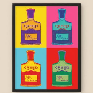 May include: A digital art print featuring four images of a Creed Aventus cologne bottle in a pop art style. The bottles are arranged in a grid pattern with each bottle having a different colored background: yellow, pink, blue, and red. The bottles are all the same design, with a black label that says "Creed" and "Aventus".