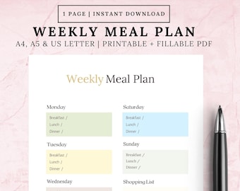 Weekly Meal Planner with Grocery List Printable Template, 7 Day Menu Plan, Food Planner, Health & Fitness, A4/A5/Letter/Half/PDF
