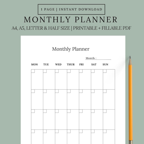Monthly Planner Print, Monthly Planner Pages, Monthly Planner Boxes Printable, Monthly Planner Print, Digital Monthly Planner,