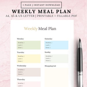 Plan de menú de 7 días, planificador de comidas, salud y fitness, A4/A5/carta/media página/PDF, planificador de comidas semanal con plantilla imprimible de lista de compras
