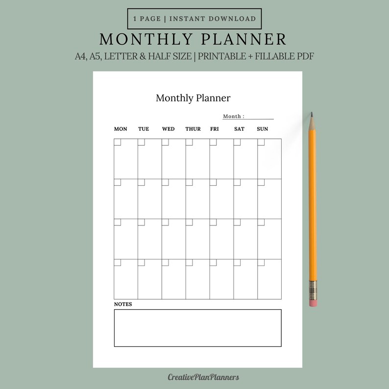 Monthly Planner Print, Monthly Planner Pages, Monthly Planner Boxes Printable, Monthly Planner ...