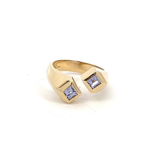 Vintage Open Bypass Ring with Step Cut Tanzanite in 14k Yellow Gold