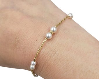 Vintage Pearl Bracelet | 18k Yellow Gold | ~4.5mm - 5.5mm Pearls | Cultured Pearls | Adjustable | 7" Length | 18kyg Cable Chain