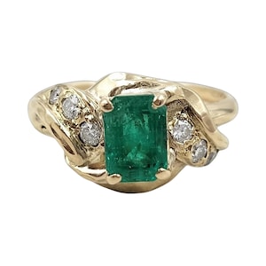 Authentic 14K Yellow Gold Emerald Diamond Ring, Natural Emerald, Size 6 image 1