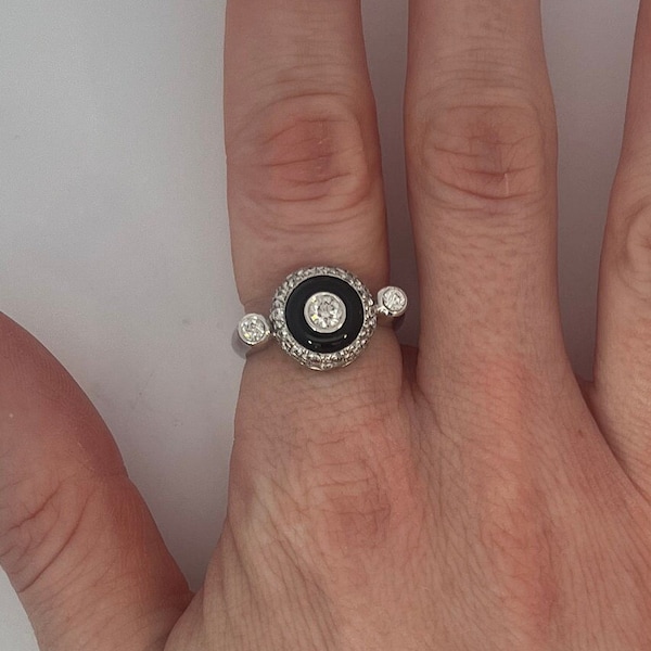 Vintage Black Onyx and Diamond Ring in 18k White Gold