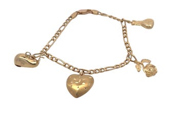 Vintage Charm Bracelet | 14k Yellow Gold | Whale Charm | Rose Charm | Heart Charm | Money Bag Charm | Lobster Clasp | Figaro Link | 7" |8.7g