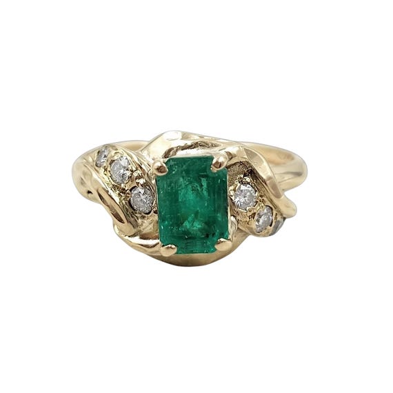 Authentic 14K Yellow Gold Emerald Diamond Ring, Natural Emerald, Size 6