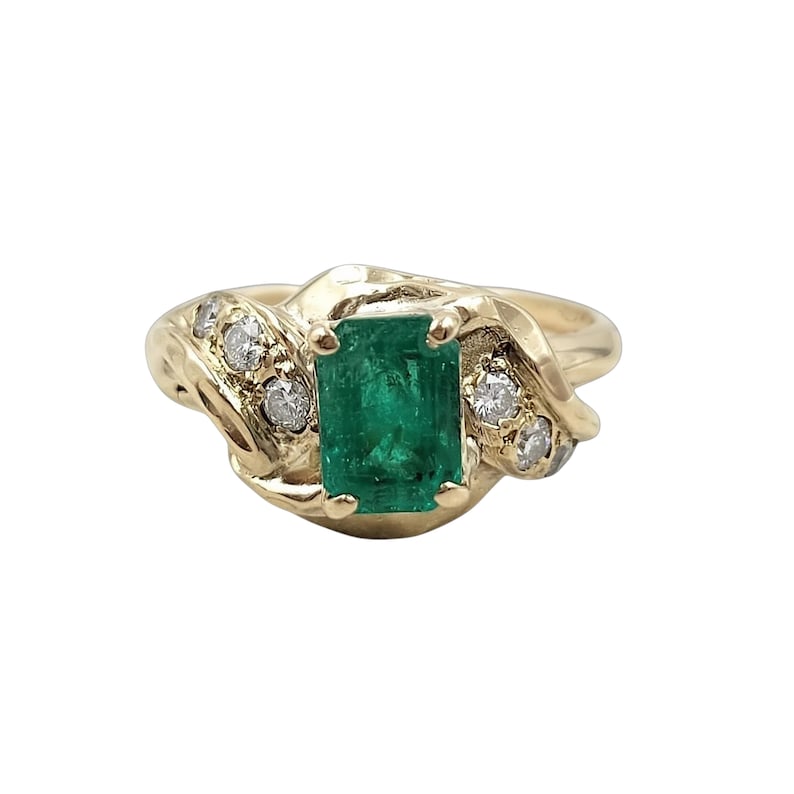 Authentic 14K Yellow Gold Emerald Diamond Ring, Natural Emerald, Size 6 image 1