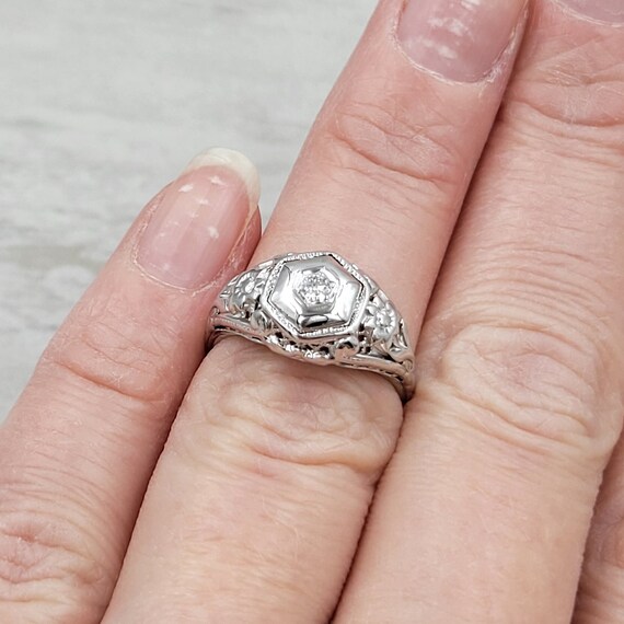 Vintage Hexagon Diamond Engagement Ring 18k White… - image 4