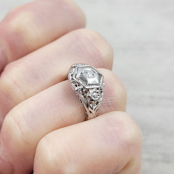 Vintage Hexagon Diamond Engagement Ring 18k White… - image 6
