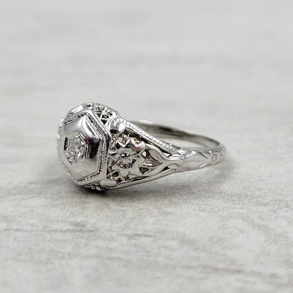 Vintage Hexagon Diamond Engagement Ring 18k White… - image 1
