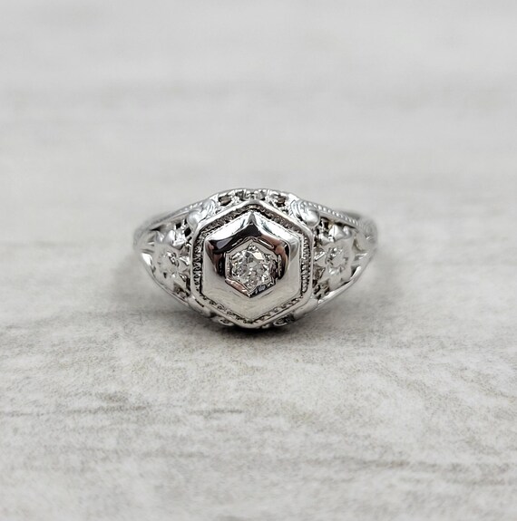 Vintage Hexagon Diamond Engagement Ring 18k White… - image 2