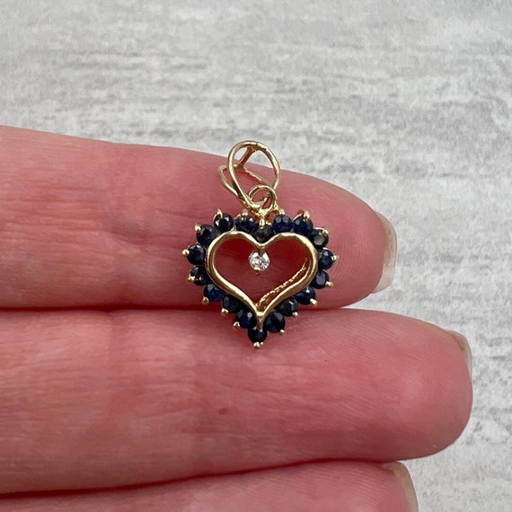 Vintage Sapphire and Diamond Heart Pendant 14k Go… - image 1