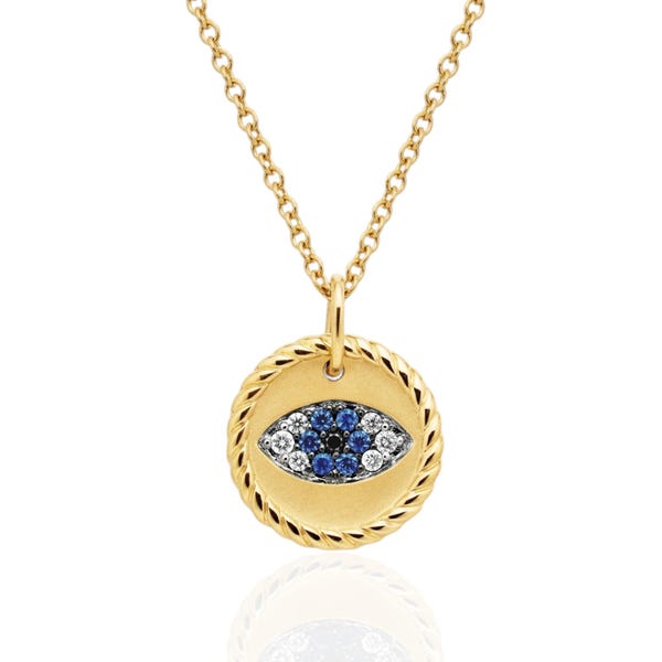 Authentic David Yurman 18k Yellow Gold Evil Eye Necklace, Sapphire Diamond Pendant, Cable Chain 16-18”