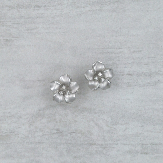 Vintage Flower Earrings with Diamonds 14k White G… - image 1