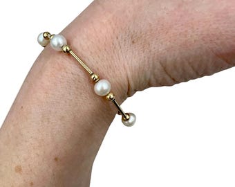 Vintage Pearl Bracelet | 14k Yellow Gold | Pearls with Gold Bar Stations | ~5mm Pearls | Cultured Pearls | June Birthstone |7" Length