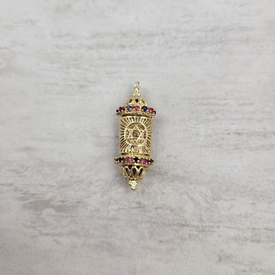 Vintage Mezuzah Charm With Sapphire and Ruby in 14k Yellow Gold Etsy