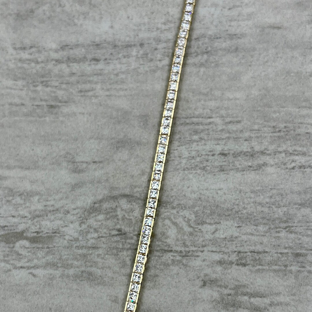 Vintage Tennis Bracelet Princess Cubic Zirconia 14k Yellow Gold Etsy