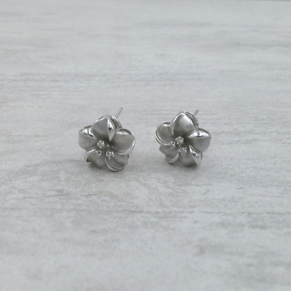 Vintage Flower Earrings with Diamonds 14k White G… - image 2