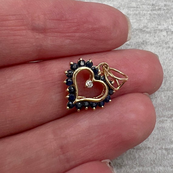 Vintage Sapphire and Diamond Heart Pendant 14k Go… - image 2